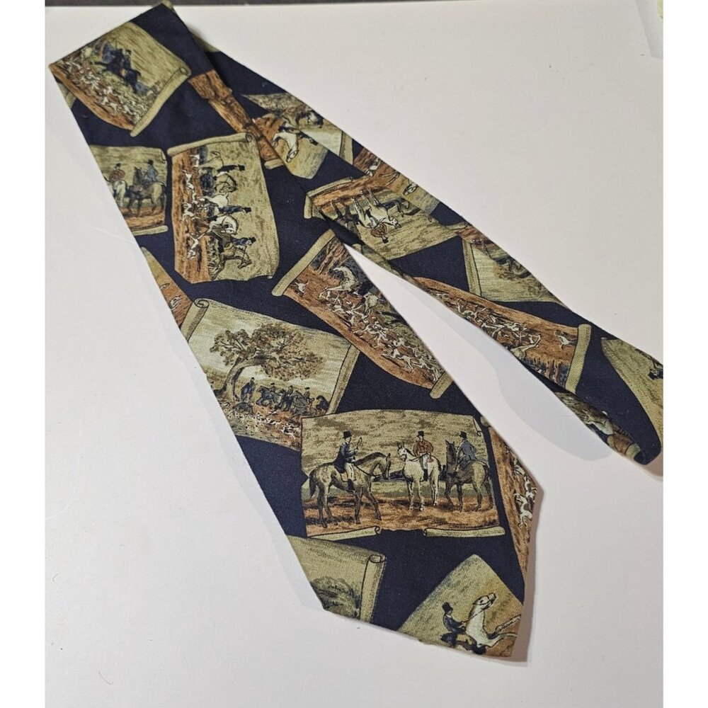 Vintage Rooster Equestrian Fox Hunting Scene Novelty Necktie Made In USA